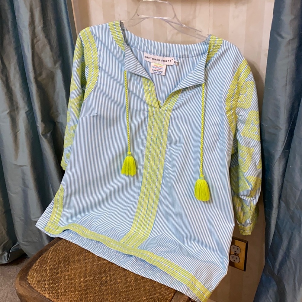 Gretchen Scott tunic size XL blue/white w/green